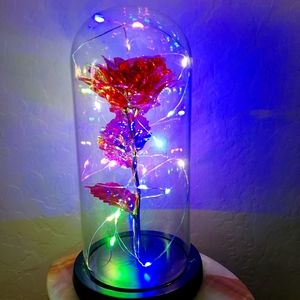 Red galaxy rose led gold plated glass dome
